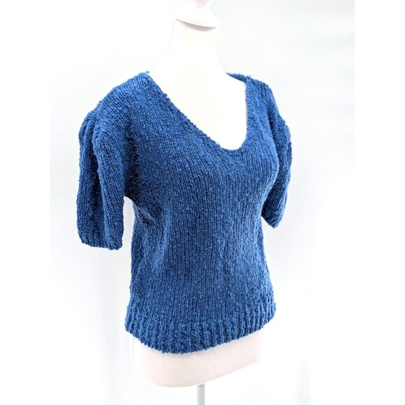 Clovelly 80s Vtg Blue Chunky V-Neck Sweater Tee Shoulder Pads Size Medium - Picture 1 of 9
